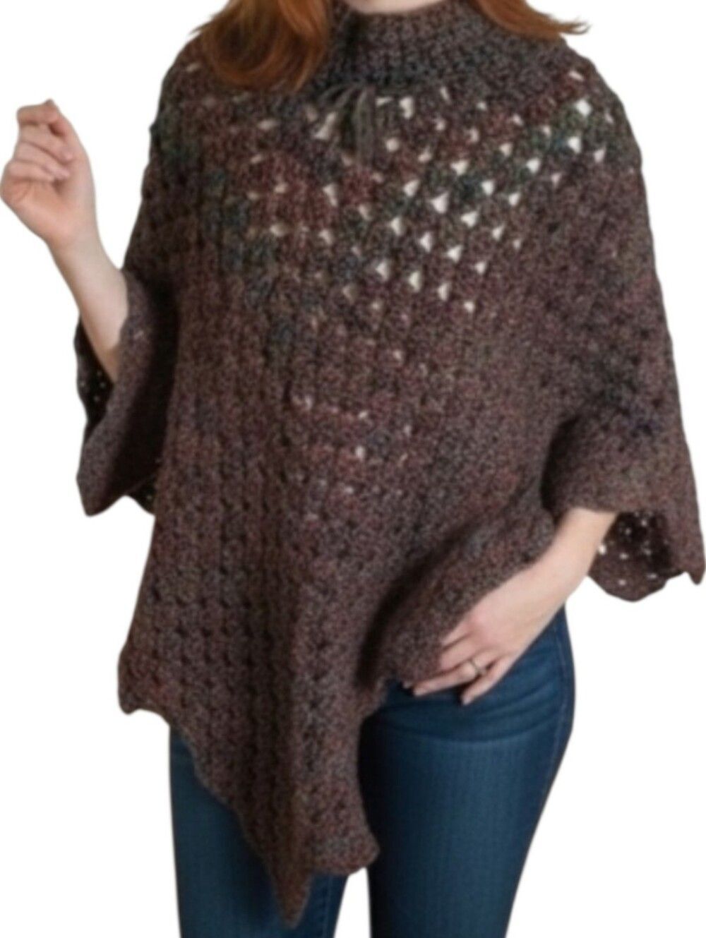 Poncho Crochet Shawl Rich Autumn Colors, Drawstring Cowl Neck Fall Scallop Edge